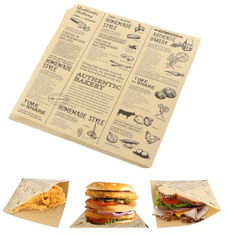 JYNVO 100 Feuilles Papier Emballage Alimentaire, 15 x 15cm Papier Journal Alimentaire, Papier D'Emballage Frites, Étanche et Résistant à l'huile, Style Journal Vintage, pour Sandwich, Frites