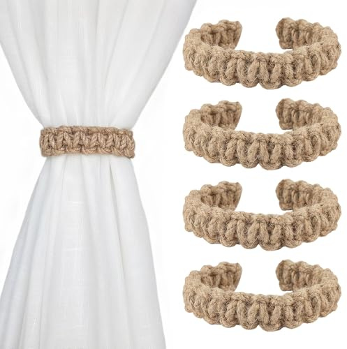 Vorhang Raffhalter, 4Pcs Jute Raffhalter für Vorhänge Handgewebt Raffhalter für Gardinen 24cm Drehverstellbar Gardinenhalter Bohemian Vorhang Halter für Wohnzimmer Schlafzimmer Büro Deko, Braun