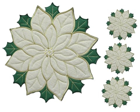 VERDANVERSE Set 4 Tovagliette Natalizie Isolanti Stelle di Natale Ricamate, 40 Cm, Tessuto Lino e Spugna, Sottopiatti Decorativi per Tavola, Adatte per Casa, Ristorante e Feste di Natale