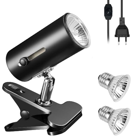 mizikuu Lampada Riscaldante Tartarughe, E27 Lampada Riscaldante Rettile con 2 Lampadine Alogene 50W UVA UVB e Morsetto Girevole a 360° Temperatura Regolabile per Serpente Lucertola Cacatua Camaleonte