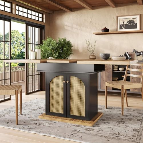 PUGSDRLY Table a Manger Extensible,Table Salle à Manger Rectangulaire 110-140×80x75cm avec Espace de Rangement,Moderne Minimaliste,pour Cuisine Salon et Bureau (Noir-D)