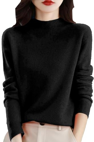 Jersey de cachemira para mujer, parte superior de lana suave con mangas largas y cuello alto, suéter básico, Negro , XL