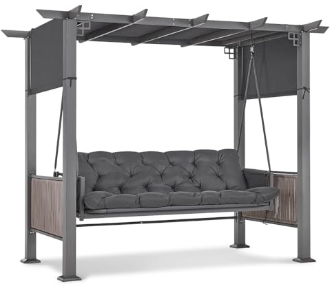 M MCombo balançoire Hollywood 3 Places avec Fonction lit et pavillon de Jardin, balancelle avec auvent rétractable, Coussin d'assise Extra épais de 8 cm et Crochets Silencieux 4067 (Gris)