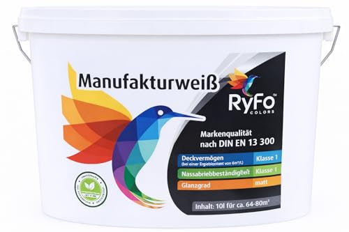 RyFo Colors Manufakturweiß 10l (Größe wählbar) - unsere beste Profi Wandfarbe, sehr ergiebige zertifizierte Innen-Dispersion, Innenfarbe weiß, hoher Weißgrad, Deckkraft Klasse 1, Nassabrieb Klasse 1