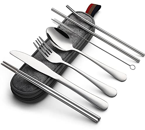 DEVICO Camping Cutlery, Travel Cutlery Set with Case, Portable Stainless Steel Camping Utensils Include Knife Fork Spoon Chopsticks Straws Brush (Silver)