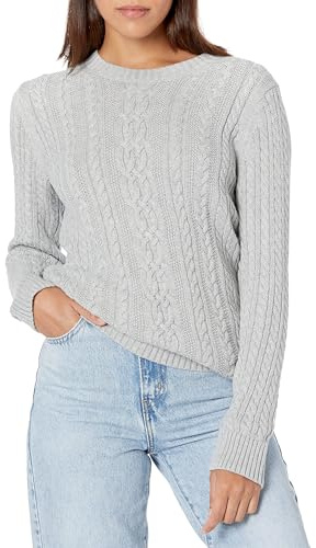 Amazon Essentials Women's Fisherman Cable Knit Long-Sleeve Crewneck Jumper (Available in Plus Size), Light Grey Heather, M