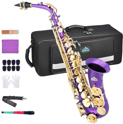 EASTROCK Purple/Golden Alto Saxophone E Flat Sax Full Kit for Students Beginner with Carrying Case,Mouthpiece,Mouthpiece Cushion Pads,Cleaning Cloth&Cleaning Rod,White Gloves,Neck Strap