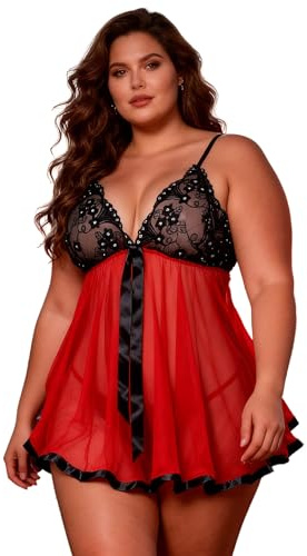 ohyeahlady Sexiga babydoll dam plus storlek babydoll elegant ärmlös pyjamas underkläder Camisone babydoll sexiga klänningar underkläder nattkläder och trosor, Röd, 4XL