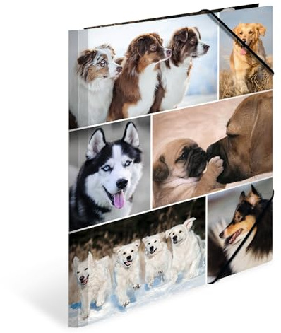 HERMA Portfolio Folders A4 Dog Set, 3 Pieces, Children's Corner Folder Made of Cardboard with Animal Motif, Elastic Band, Inner Flaps and Inner Print for Boys and Girls