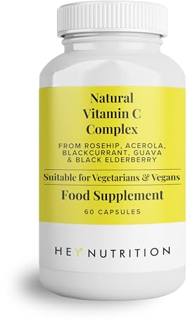 Hey Nutrition Natural Vitamin C 250mg Complex from Rosehip, Acerola, Blackcurrant, Guava, and Elderberry - Immune Function, Stress, Metabolic Health, & Fatigue - Non-GMO, 60 Vegan Capsules