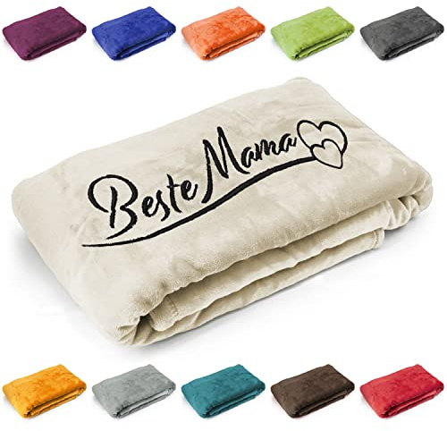 Deitert Kuscheldecke Beste Mama mit Herzen, Geschenk zu Muttertag, Geburtstag, hochwertig Bestickt, 200cm x 150cm extra weiche und gemütliche Sofadecke/Wohndecke, hochwertiges Fleece (Creme)