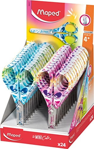 Maped - Schulschere - Mini Cute 13 cm - Kinderschere - Nicht scharfe runde Spitze - Dekoriertes Design von den Ringen zu den Blättern - 2 verschiedene Modelle
