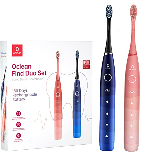 Oclean Lot de 2 Brosses à dents électriques Sonique, Longue 180 jours d'autonomie, 5 Modes réglables, Minuterie 2 minutes, Rappel 30s, IPX7, Cadeau Set Rouge + Bleu