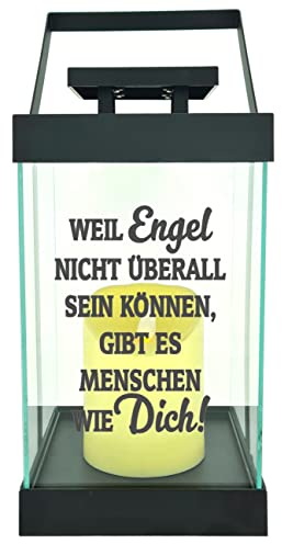 Edle Glas-Laterne mit LED-Kerze, Weil Engel nicht überall sein können gibt es Menschen wie dich, Timer, 35cm hoch mit Bügel, 24,5x13x13cm, Batterie LED-Licht LED-Laterne LED-Lampe mit Text Spruch