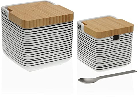 Versa Black Lines Set de Salero y Azucarero de Cerámica y Bambú, con Tapa de Madera y Cuchara de Metal, Medidas (Al x L x An) 11,2 x 11,7 x 11,8 cm, Cerámica y Madera, Color Negro y blanco