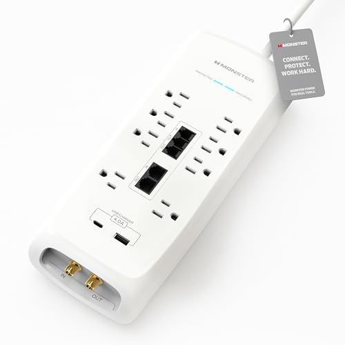 Monster Power Surge Protector w/ 4,050 Jules Rating — Heavy Duty Power Strips with Surge Protection, 8 Outlets, USB-A & USB-C, 2 Coax, 5 Ethernet Ports, Fireproof MOV, Dual Mode (6FT Cord, White)
