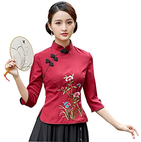 YLfly Mandarin Collar Chinese Tang Shirt Blossom Qipao Tops 3/4 Sleeve Traditional Blouse Women's (Red,16)