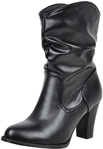 Lroey Reoly Stivaletti da Donna con Tacco a Blocco, Stivali Invernali Moda Senza Chiusura Stivali Corti Tacco Alto Punta Rotonda Stivali Morbidi 503 Nero Numero 44 EU