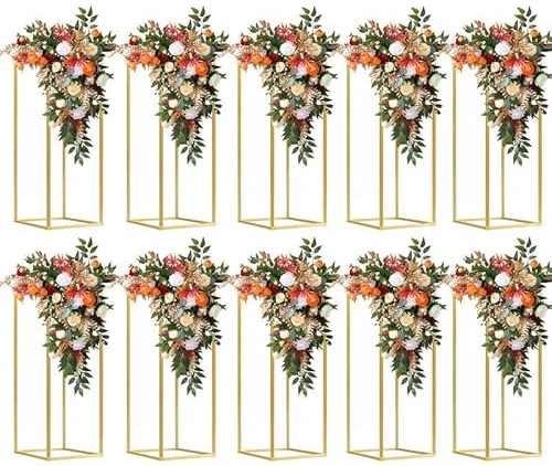 Fitous 10 pcs 23.6inch/59.9cm High Gold Flower Stand Rack, Gold Metal Vase Column Geometric Centerpiece Stands, Wedding Centerpieces Vases Rectangular Flower Display Rack for Wedding, Party Decoration