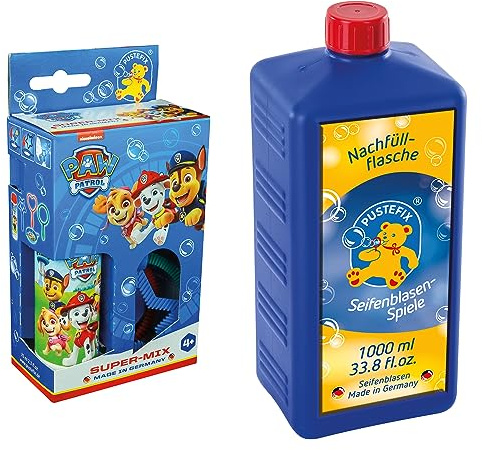 PUSTEFIX Mini-Mix PAW Patrol 70ml I Seifenblasen Set Mit Herz-, Kreis-, Stern-Blasring + Nachfüllflasche Maxi 1L