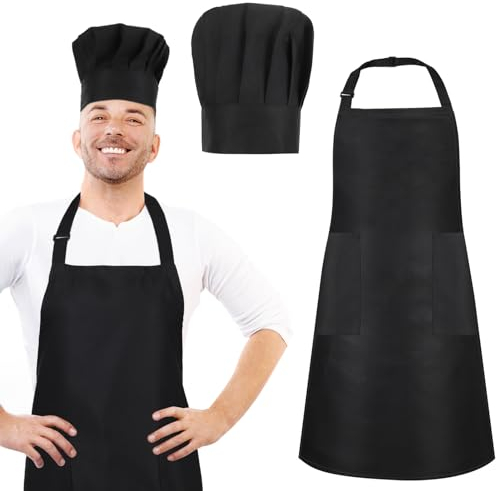 Livdouyu Kochmütze und Schürze-Set, verstellbare hohe Kochschürze, wasserdichte Küchen-Backschürze mit Zwei Taschen und elastischer Kochmütze für Männer und Frauen für die Heimküche(Schwarz)