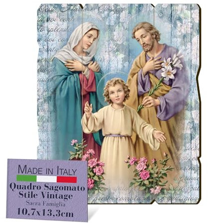 FRATELLI BONELLA - Quadro Sacra Famiglia Sagomato Vintage - Quadro Legno di Pioppo Spessore 8mm - Tela Sacra Famiglia Camera Da Letto 10.7 x 13.3 cm - 100% Made in Italy