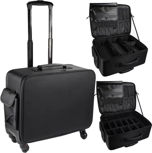 Valigia per cosmetici a più livelli, impermeabile, organizer per trucchi con carrello retrattile, 48,7 cm, Nero