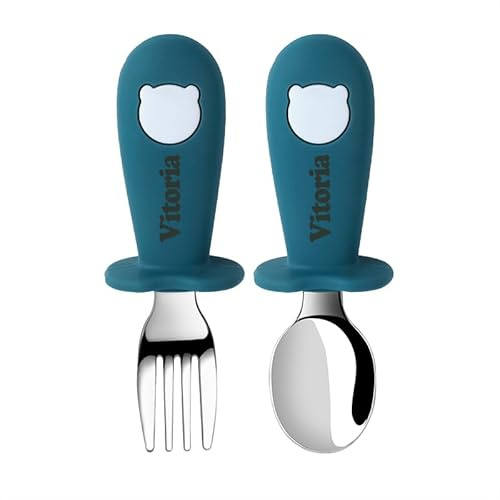 TYRY.HU Baby Löffel und Gabel Fütterung mit Namen Set Kinderbesteck Besteckset Gegenkokals Mit Silikon Griffe Esslernbesteck Selbstfüttere Utensilien für Baby LED Absetzerhäuser