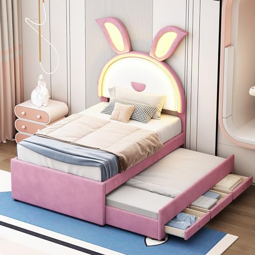 Zravenna Modern Einzelbetten 90x200 cm Jugendbett Bett für Mädchen, Kinderbett mit Ausziehbett & Schubladen, Polsterbett mit Kaninchenform Kopfteil (Rosa)