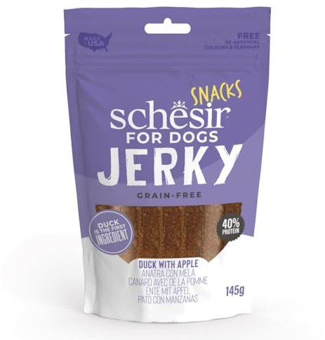Schesir Hundesnack | Sorte Jerky und Trainer | verschiedene Geschmacksrichtungen | 6er-Packung | (6 x 145 g, Ente mit Apfel)