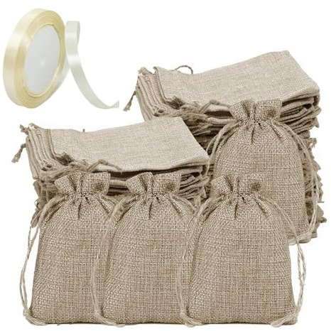 MEISO 30 Pezzi Sacchetti Juta Portaconfetti per Matrimonio, Battesimo, Comunione, Nascita, Compleanno - Bomboniere con Nastro Raso (Cachi)