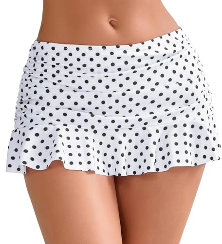 Halcurt Women's Mid Waisted Ruched Ruffle Swim Skirts with Hipster Sexy Bikini Swimsuit Bottoms White Polka Dot XS