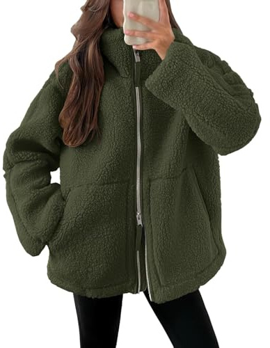 ticticlily Veste Femme Hiver Chaude Manteau en Polaire Peluche Teddy Vestes Sherpa à Col Montant Manteaux Ample Blouson Casual Jacket Coat A Armée Verte L