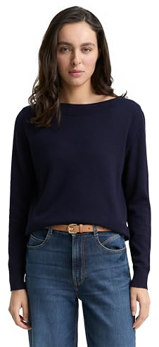 TOM TAILOR Pull en Tricot avec col Bateau pour Femme, 13160 – Mélange Bleu Marine tricoté., L