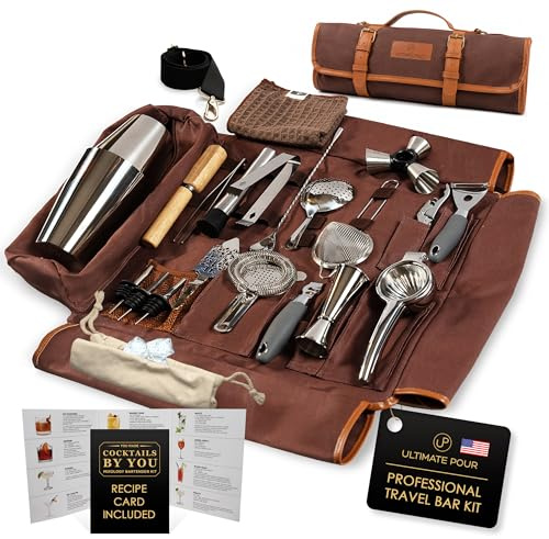 Kit de camarero viajero, juego de coctelera de 24 piezas con bolsa de lona encerada