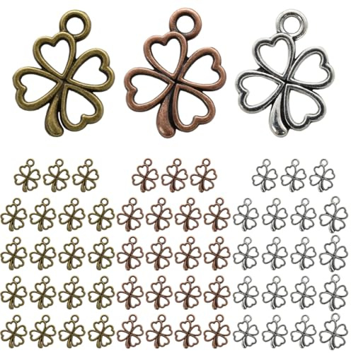 JEYORZY 60 Stück Vierblättriges Kleeblatt Anhänger Metall Kleeblatt Glücksbringer Kettenanhänger, Kleine Metall Charms zum Armband, für DIY Abschiedsgeschenk, Keschlüsselanhänger, Schmuckanhänger