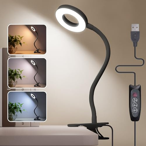 Foneso 48 LEDs Dimmbare Leselampe Bett, Klemme Lampe, 3 Modi und Stufe 10 Dimmen, 360° Flexibel USB Lampe für Lesen, Reisen, Schlafzimmer, Büro (Nacht Schatten Schwarz)