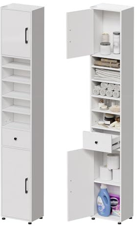 MSFE Badschrank Schmal Hochschrank,30 x 20 x180cm Badezimmerschrank, Schmales Regal mit 1 Schublade & 2 Türen Badmöbel & 5 offenen Ablagen, Platzsparender Badregal für Badezimmer, Wohnzimmer