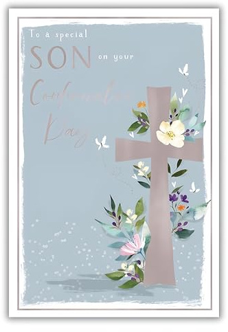 IC&G Special Son Confirmation Day Congratulations Card - Confirmation Congratulations Card for Boys with Floral Cross and Butterfly Design and an Embossed Foil Finish