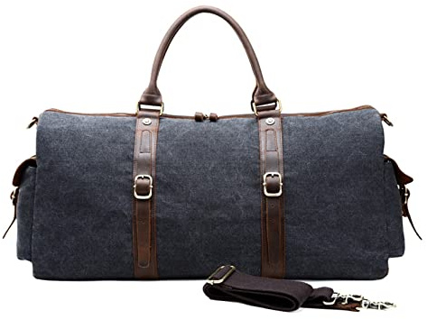 Reisetasche Travelite Sporttasche, Männer Reisen Duffel Tasche Leinwand Echtes Leder Holdall Satchel Einkaufstasche Gepäck Handtasche Sporttasche Outdoor Outdoor Outday Weekend Bag(Dunkelgrau)