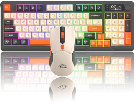 FREEWOLF T96 Wireless Keyboard and Mouse Combo, Bluetooth & 2.4G Modes, PBT Keycaps, Media Knob, Display Screen, Silent Keys, 26-Key Anti-ghosting, 2000mAh & 500mAh, for Mac/Windows/Linux - Shimmer