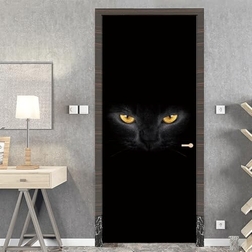 Türtapete Selbstklebend 77x200 cm Tierische schwarze Katze Türaufkleber Türfolie Türposter Vinyl Aufkleber, für Schlafzimmer Badezimmer Küche Büro Abnehmbare Türdekoration