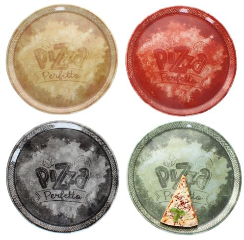 MamboCat Set di 4 piatti per pizza perfetti, Ø 31,5 cm, 1 in giallo, verde, rosso e nero, ideali per pizza, torte di fiamme e altro ancora, piatto grande da portata