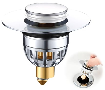 Sink Plug, Universal Pop Up Washbasin Plug for 34-40mm Drain Hole Stainless Steel Bathroom Basin Plug Bath Drainer Filter Plug Replacement Push-Type Brass Bounce Core with Stainless Steel Strainer