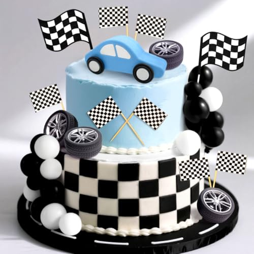 JeVenis Race Car Cake Decorations Car Cake Topper Checkered Flag Cake Topper Growing Up Two Fast Birthday Decor Fast One Fast Three Need Four Speed Birthday Decorations
