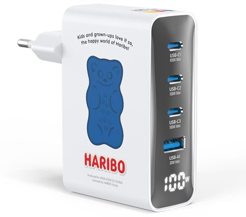 Haribo 100W USB C Ladegerät mit LED Display, 4-Port GaN Charger Adapter | USB-C Netzteil,PD/PPS für MacBook Pro/Air, iPhone 17/16, Galaxy S26/S25, Laptop, iPad, Switch, Kompakt Geschenk, Blau