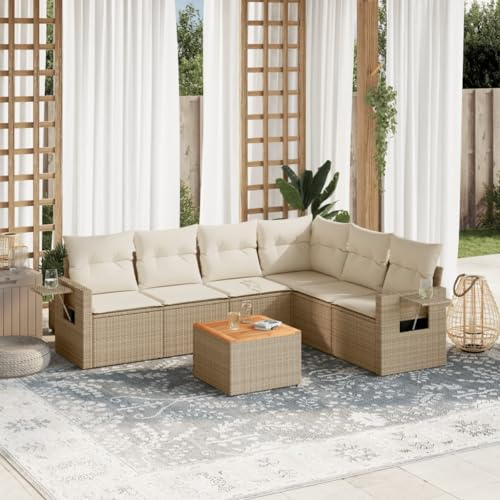 IBUQDDV Set di 7 divani da giardino con cuscino beige polyrattan, design modulare con rivestimenti rimovibili e pratici ripiani pieghevoli, stabile tavolo in legno di acacia
