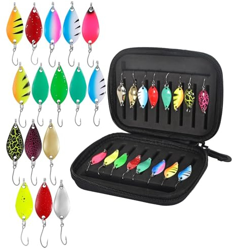 YOYEAH Set de Cuchara para Trucha de 16 Piezas, Accesorios de Pesca de 2,5g/3,5g/5g con Caja, Hilo de Cuchara para señuelos de Trucha y Pesca de Trucha