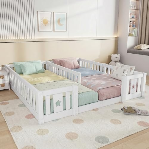 Kinderbett Bodenbett Doppelbett 90x200 cm mit Sicherheitsgitter&Lattenrost | Bed Gitterbett Holzbett Bettgestell Jugendbett Spielbett für 2 Kindern, Kiefernholz, Ohne Matratze (Weiß mit Lattenrost)