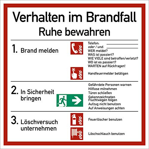 Schild Verhalten im Brandfall Symbole gemäß ASR A1.3/ DIN 7010 PVC 18 x 18 cm (Verhaltensregeln) praxisbewährt, wetterfest